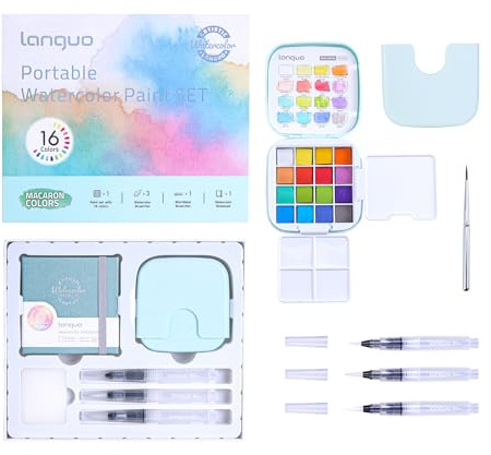 languo Mini Kit Aquarelle 16 Couleurs Macaron Portable avec Palette | Carnet de croquis, pinceaux fins, accessoires complets, format créatif pratique pour peinture, dessin et loisirs créatifs