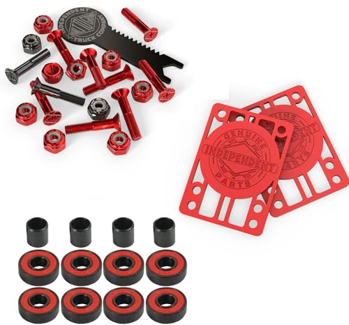INDEPENDENT Trucks Skateboard Hardware Blk/Red + Tool + Risers + ABEC 5 Bearings