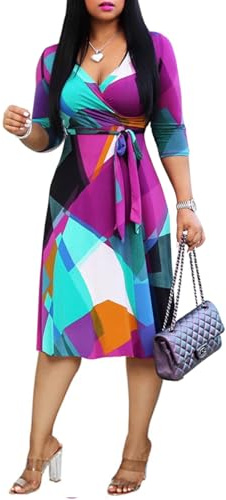 Women's Plus Size Faux Wrap Cocktail Party Dresses 3/4 Sleeve Deep V Neck Swing Wrap Floral Midi Dress with Belt Purple 2XL