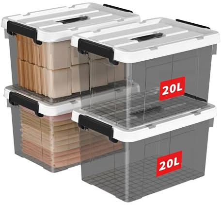 Cetomo 20L*4 Scatole di Stoccaggio in Plastica, Scatole Portaoggetti con Coperchio, Organizzatore con Manico, Contenitori per Casa e Ufficio, Impilabile, Resistente, Nero Chiaro, 20L - Confezione da 4