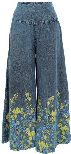 GURU SHOP Palazzohose, Boho Baumwollhose, Hosenrock mit Blüten - Blau/gelb, Damen, Baumwolle, Size:M/L