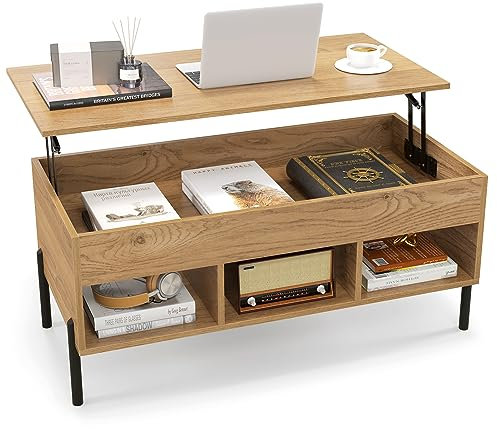 COSTWAY Couchtisch Höhenverstellbar, Beistelltisch mit anhebbarer Tischplatte & 3 offenen Fächern, Wohnzimmertisch aus Holz mit großem verstecktem Fach, Kaffeetisch für Wohnzimmer, Büro (Natur)
