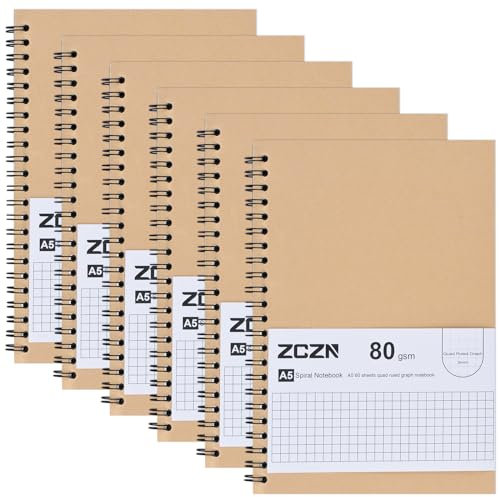 ZCZN Notizbuch A5 kariert, 6 Stück Spirale Notizblock, 60 Blatt, Heft für Büro und Schule