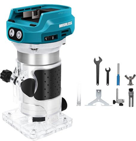 Akku Oberfräse kompatibel mit Makita 18V Akku, 1300W Brushless Kantenfräse mit 6 Geschwindigkeit, 30.000 U/min Bürstenloser Trimme r, Akku-Holzfräser für die Holzbearbeitung (Ohne Akku)