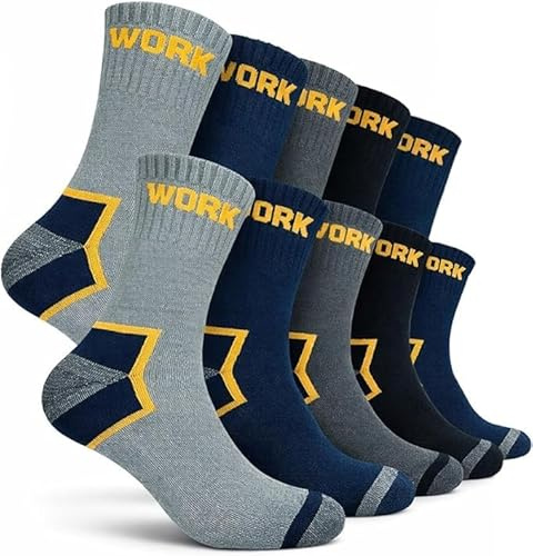 Calcetines Trabajo Hombre Reforzados, Calcetines Acolchados para largas jornadas de Trabajo de Algodón con Talón y Punta Reforzados , Diseño Surtido (FR/ES, Números, 40, 46, Regular, Regular, X10)