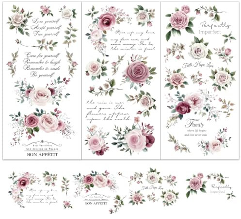 OLYCRAFT 3 Stück/Set Lila Rosen Abziehbilder Zum Aufreiben Für Möbel Und Kunsthandwerk 15x30cm Möbelaufkleber Mit Poesie Blumen Transferaufkleber Mit Blumenmotiv Abziehbilder Zum Aufreiben