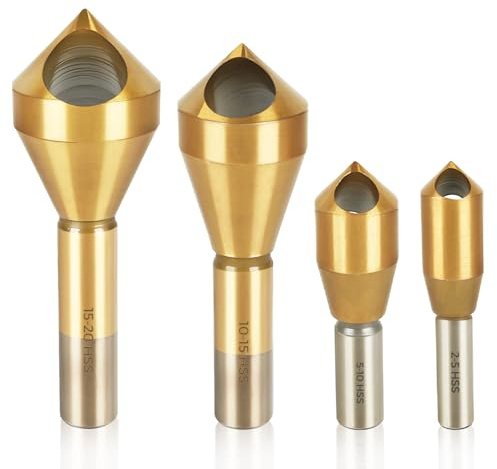 COMOWARE 4pcs Titanium Coated Chamfer Tool HSS Chamfer Bit 90-Degree Countersink Drill Bit Set for Wood & Metal, Heavy Duty Countersink Bit SAE 1/4-3/4, 2-5, 5-10, 10-15, 15-20mm