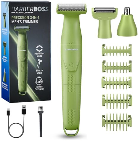 BarberBoss Men’s Detail Trimmer, 3-in-1 Grooming Set for Men, Beard, Hair Groomer, Body Groomer, Nose & Ear Trimmer, Cordless Shaver with USB Charging, Multi-Functional Men’s Shaver, QR-2302 (Green)