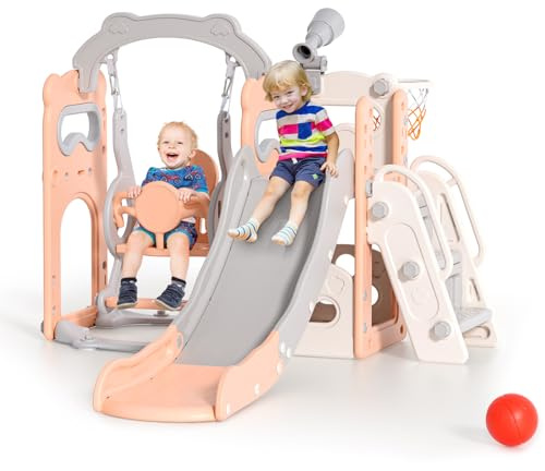 Tobogán para niños con aro de Baloncesto, Parque Infantil Interior y Exterior, Kit de Juego de Escalada Independiente con tobogán para bebés (Rosa-6 en 1)