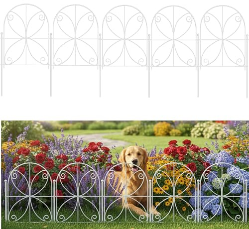 ShopLaLa Decorative Metal Garden Fence (10 Panels) 12.5in(L) x 16.5in(H) Rustproof White Wire, Animal Barrier Fencing for Dogs, Flower Bed Edging Landscape Border Yard Patio Outdoor Butterfly Decor