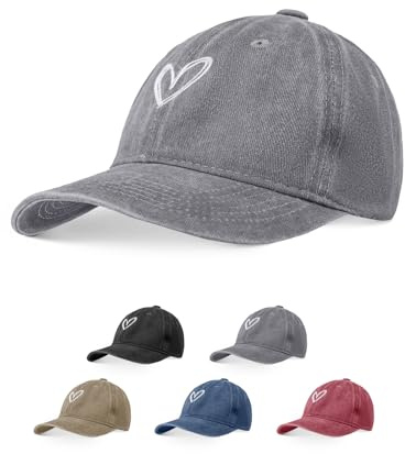 Decorie Cappello Baseball Donna Vintage con Ricamo Cuore - Cappellino con Visiera Regolabile in Cotone per L'Estate (Grigio,Taglia Unica)