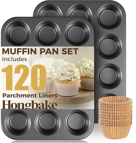 HONGBAKE Muffin Pans with 120 Natural Parchment Liners, Nonstick Cupcake Baking Tray for Oven, Premium Standard Size, 12 Cup, 2 Pack, Dark Grey