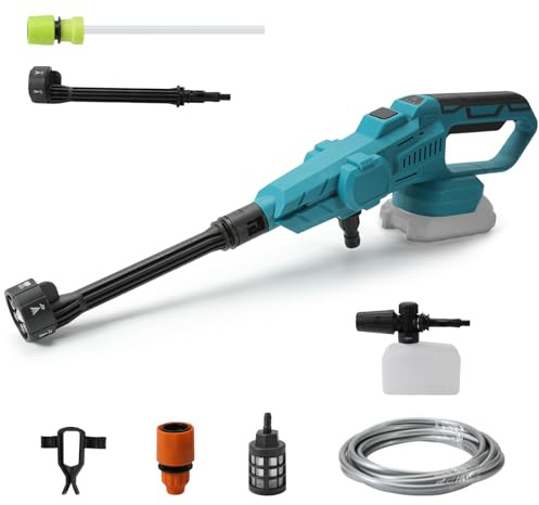 Nettoyeur Haute Pression sans Fil, 200 Bar, Pistolet à Eau Mobile Haute Pression, buse Multifonction 6 en 1, buse rotative à 180°, 3 Niveaux de réglage, Tuyau de 5 m, pour Voiture, Maison, pelouse