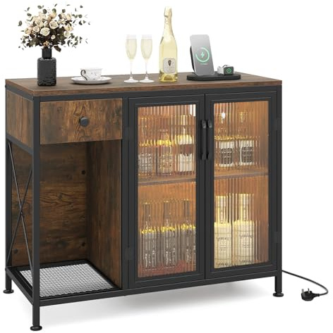 COSTWAY Buffet Sideboard with Power Outlets & RGB LED Lights, Wooden Storage Cabinet with Drawer, Doors & Side Shelf, Coffee Bar Table for Kitchen Dining Living Room (Rustic Brown + Black)