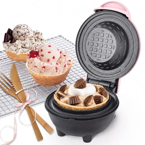 GVAKMM Mini Waffle Bowl Maker(Pink), 4'' Small Waffle Cup Machine for Ice Cream Sundaes, Taco Bowls & Desserts, 350W Fast Heating Non-Stick Wafflera, Compact Gift for Kids, Family & Breakfast