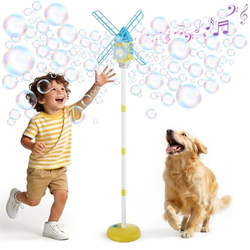 Belemar Windmill Bubble Machine for Kids, Standing Automatic Bubble Blower with Lights & Music, 51 Adjustable Height, 130ml Tank & Bubble Solution Included, Outdoor Garden Toy for Boys Girls