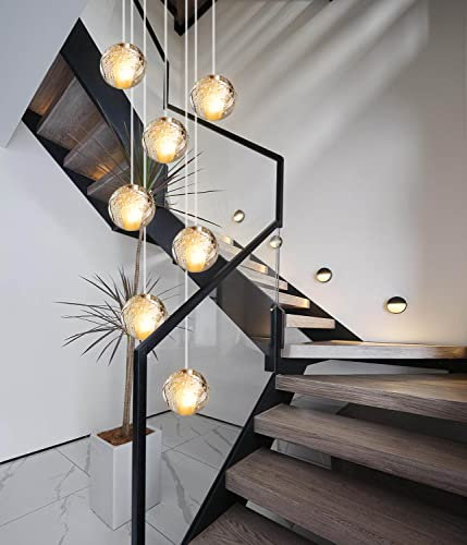 H.W.S LED Pendelleuchte Glas Kristall Hängeleuchte Lüster Dekoratives Kronleuchter Modern Pendellampe für Villa Treppe Wohzimmer Esszimmer Schlafzimmer Innenleuchte Lampe (7-Flamming, Round Plate)