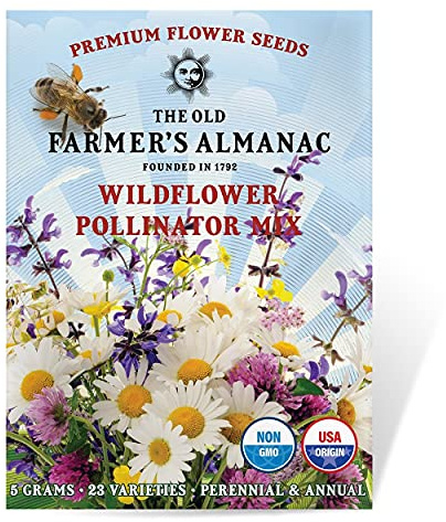 The Old Farmer's Almanac Premium Wildflower Seeds 23 Variety Pollinator Mix - Non-GMO, Open Pollinated - Columbine Cosmos Foxglove Larkspur Poppy Snapdragon Zinnia - Attracts Butterflies Bees Birds