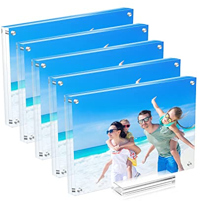 JUOIFIP 5 Pack Acrylic Picture Frame 5×7 Clear Double Sided Magnetic Photo Frame - Frameless Baby Friend Family Picture Desktop Display with Support Stand and Gift Boxes
