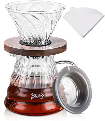Bincoo Size 02 Pour Over Coffee Maker Set with Dripper,600ml Glass Coffee Server Set,Glass Coffee Dripper with Wood Stand Dripper and Filter Paper for Home Office Gift (Transparent)