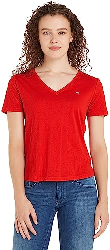 Tommy Jeans T-Shirt Femme Manches Courtes TJW Slim Soft Col En V, Rouge (Deep Crimson), XXS