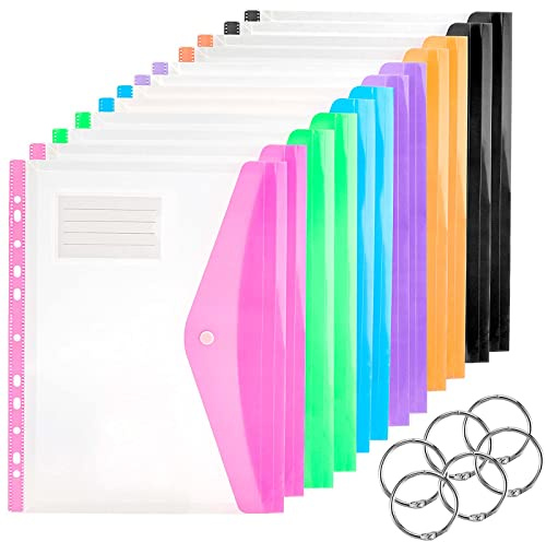 PINGEUI 24 bolsillos A4, carpetas de plástico con bolsillo para etiquetas y anillo, carteras de plástico perforadas con agujeros para el hogar, la oficina y viajes de negocios, 6 colores