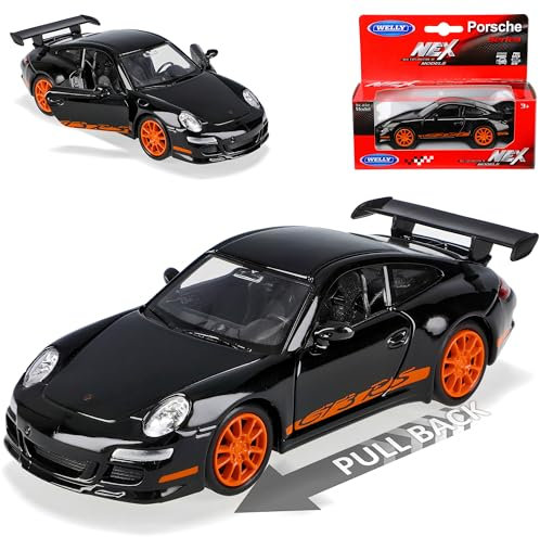 Welly Porsche 911 997 GT3 RS Schwarz mit Orange 2004-2011 mit Rückzugsmotor ca 1/43 1/36-1/46 Modell Auto