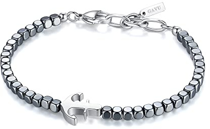 GAVU Bracciale da Uomo con Perline di Ematite e Amuleto Ancora di Acciaio Inossidabile, Bracciale Estivo da Uomo