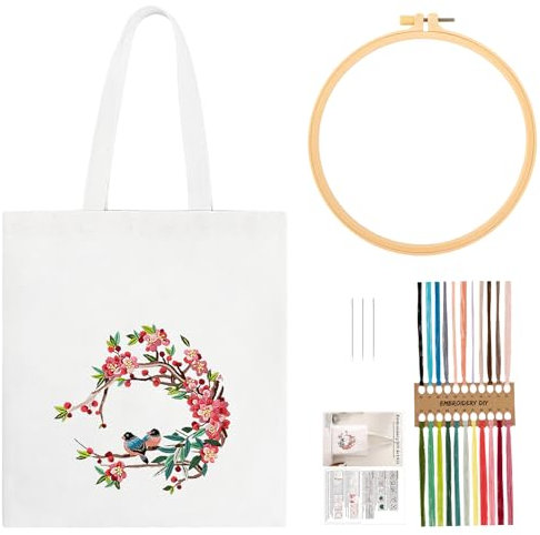 JSRQT Canvas Taschen Stickset für Anfänger Erwachsene, Gestempeltes Kreuzstich Starter Set mit Vogel Blumenmuster, Canvas Tote Bag Handnäh Stickerei inklusive Anleitung, Nadeln und Fäden, Weiß