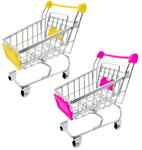 2 mini carrelli della spesa, mini carrelli per la spesa, cestino della spesa, decorazione da scrivania, porta trucchi (giallo + rosa)