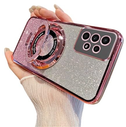 QIWEIQING Glitter Case for Samsung Galaxy A13 4G, Electroplate Flash Shell for Girls Women Ring Stand Function Camera Protector Shockproof Transparent TPU Cover for Samsung A13 4G. Pink DS