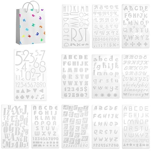 12 Blätter Schablonen Buchstaben, 20.3 x 12.9cm Schriftschablone, Buchstaben Schablone Klein, Zahlen Schablonen, Schrift Schablone Groß- und Kleinbuchstaben für DIY Scrapbooking, Malen, Skizzieren