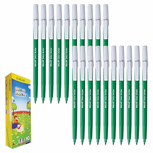 DOLLAR ColorMax Felt Tips Colouring Pens, GREEN, Pack of 20, Ideal for Draw Colour Mark Sketch Write, Perfect for School Office Home Everyday Use