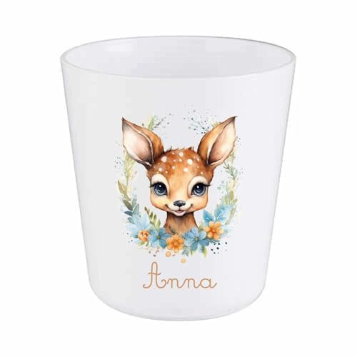 Gobelet Enfant Personnalisé Faon Fleuri – Gobelet Incassable 230ml Sans BPA – Tasse Prénom Crèche ou École – Cadeau Rentrée Scolaire Fille Nature