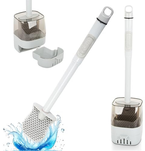 PRIME ESSENTIALS® Escobilla de Baño Adhesiva con Dispensador Rellenable de Jabón I Escobilla WC de Silicona Suave y Flexible I Accesorio Adhesivo sin Taladro para Baños.