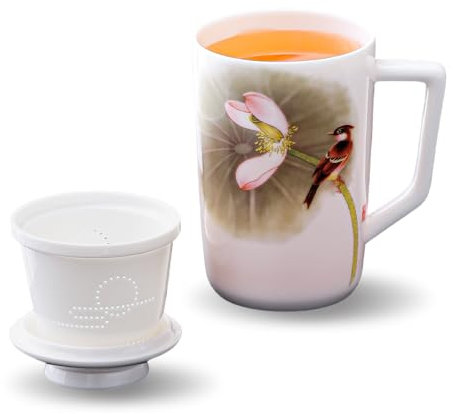 Keramisk tekopp med infusionsenhet och lock, 430 ml temugg för lösa blad tebryggare, tunn och lätt design keramisk kaffemugg eller tekopp mjölk te porslinskopp för hem kontor te älskare gåva (Magpie)