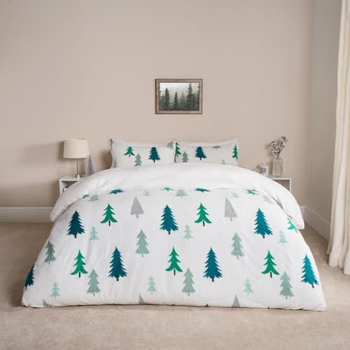 OHS Christmas Bedding King Size, Xmas Tree Teddy Fleece Duvet Set Super Soft Warm Cosy Winter Christmas Duvet Cover King Size Comfy Luxurious Quilt Fleece Bedding with Pillowcase, White