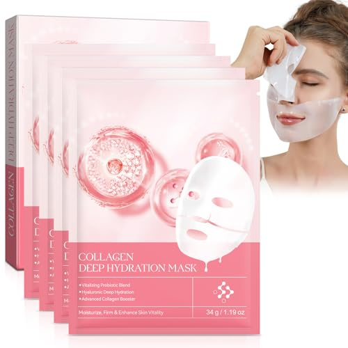 Generisch Organic Collagen Real Deep Mask, Bio Collagen Face Masks 6pcs, 4 Stück Korean -Collagen Real Deep Mask overnight,Anti-Falten Lifting Face, Overnight