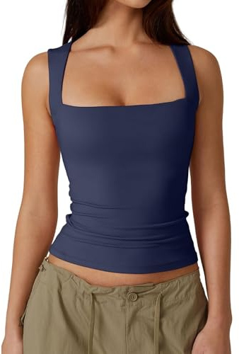 Vest Tank Tops for Women UK Summer Ladies Sleeveless Crop Top Sexy Square Neck Baisc Tight T-Shirt (DarkBlue,XS)
