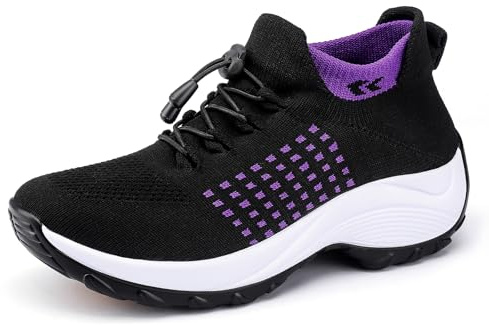 Lookyno Comfortable Breathable Women Walking Shoes Slip on Trainers Women's Orthopedic Casual Ladies Shoe Thick Bottom Black-Purple