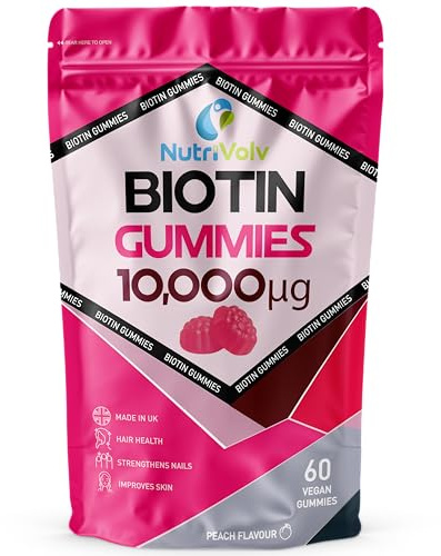 Biotin Gummies 10,000mcg | 60 Vegan Gummies | 60 Day Supply | for Hair Growth & Skin & Nails Health | Natural Peach Flavour | Vitamin B7 Gummies | Gelatine Free | Sugar Free | Non-GMO | by NutriVolv