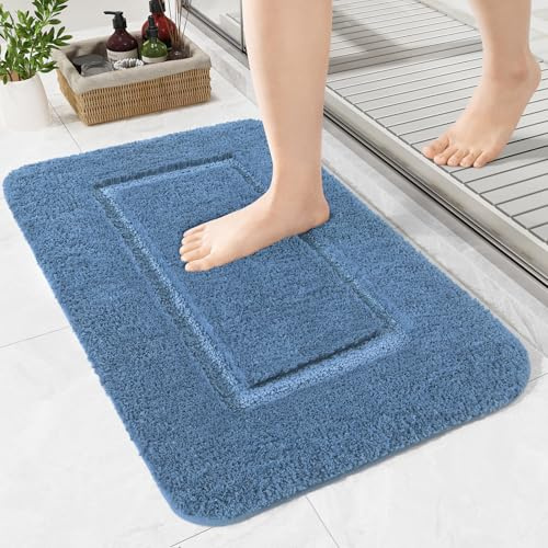 LOCHAS Bathroom Rugs, 24 x 17 Small Bath Rug, Non Slip Washable Bath Mat Soft Absorbent Microfiber Bathroom Mat, Shaggy Plush Luxury Bath Carpet for Shower, Blue