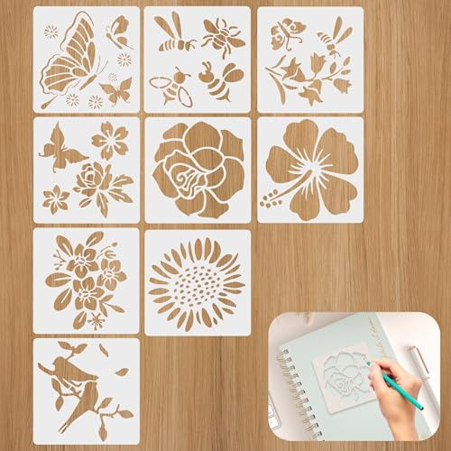 9 Reusable Flower Stencils, Butterfly, Bee and Bird DIY Templates