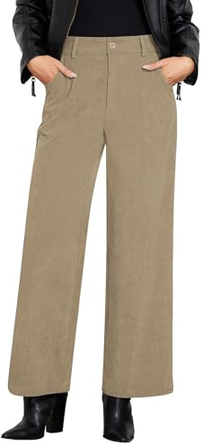 Roskiky, pantaloni in corduroy a gamba larga da donna, a vita alta, caduta autunnale, pantaloni da lavoro casual elasticizzati per donna, cachi, S