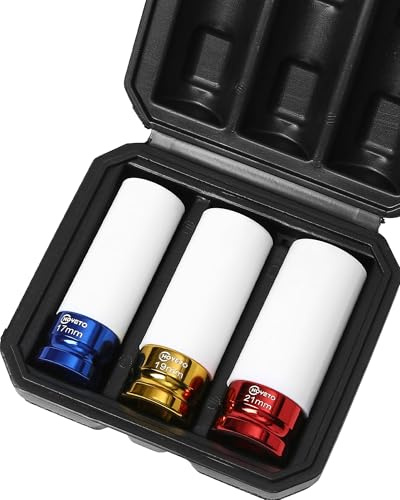 HOYETO 1/2 Drive Impact Socket Set, 17/19/21mm Lug Nut Kit for Tire Repair | Thin Wall with Non-Scratch Nylon Sleeve, CR-Mo Steel Wheel Nut Sockets for Impact Wrenches & Torque Wrenches, 3-Piece Set