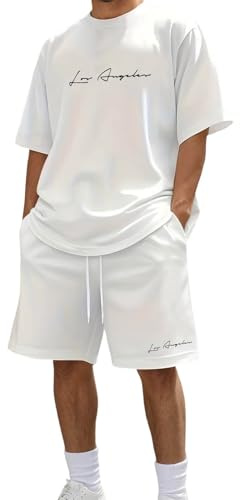 Generico Due Pezzi Tuta Uomo Estiva LOS ANGELES Firmate Completo Girocollo Camicia e Pantaloni Corti Coordinato Set di Sportivo Moda Casual Comoda Tute Per Jogging Palestra Vacanza