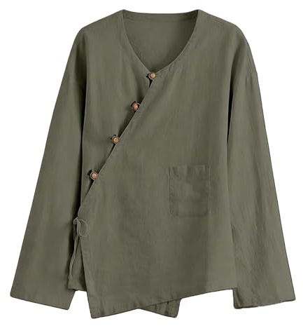 Women Tops V Neck Linen Shirts with Pocket Long Sleeve Crossed Collar Blouses Plain Colour Frog Button Shirt Vintage Chinese Style Slant Front Tops Kung Fu Tai Chi Tang Suit Shirt