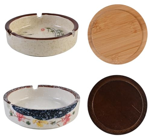 Cenicero 2 Unidades de Cerámica con Tapa Cortaviento, Cenicero para Exterior con Tapa de Madera, Antiolores, Fácil de Limpiar, Vintage para Jardín, Terraza, Oficina, Restaurante