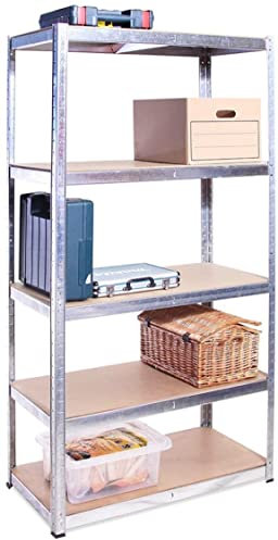 G-Rack 5-Tier Garage Shelving Unit with 175kg Load Per Shelf - Single Bay Shelving Unit - 180cm x 90cm x 40cm - Galvanised Metal Frame with MDF Boards for Garage, Home, or Office Storage