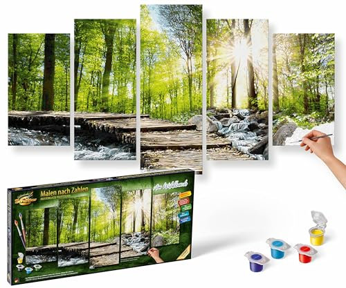 Schipper 609450774 Malen nach Zahlen - Am Wildbach - Bild malen für Erwachsene, inklusive Pinsel und Acrylfarben, 5 Bilder, Meisterklasse Polyptychon - Profi-Edition, 132 x 72 cm